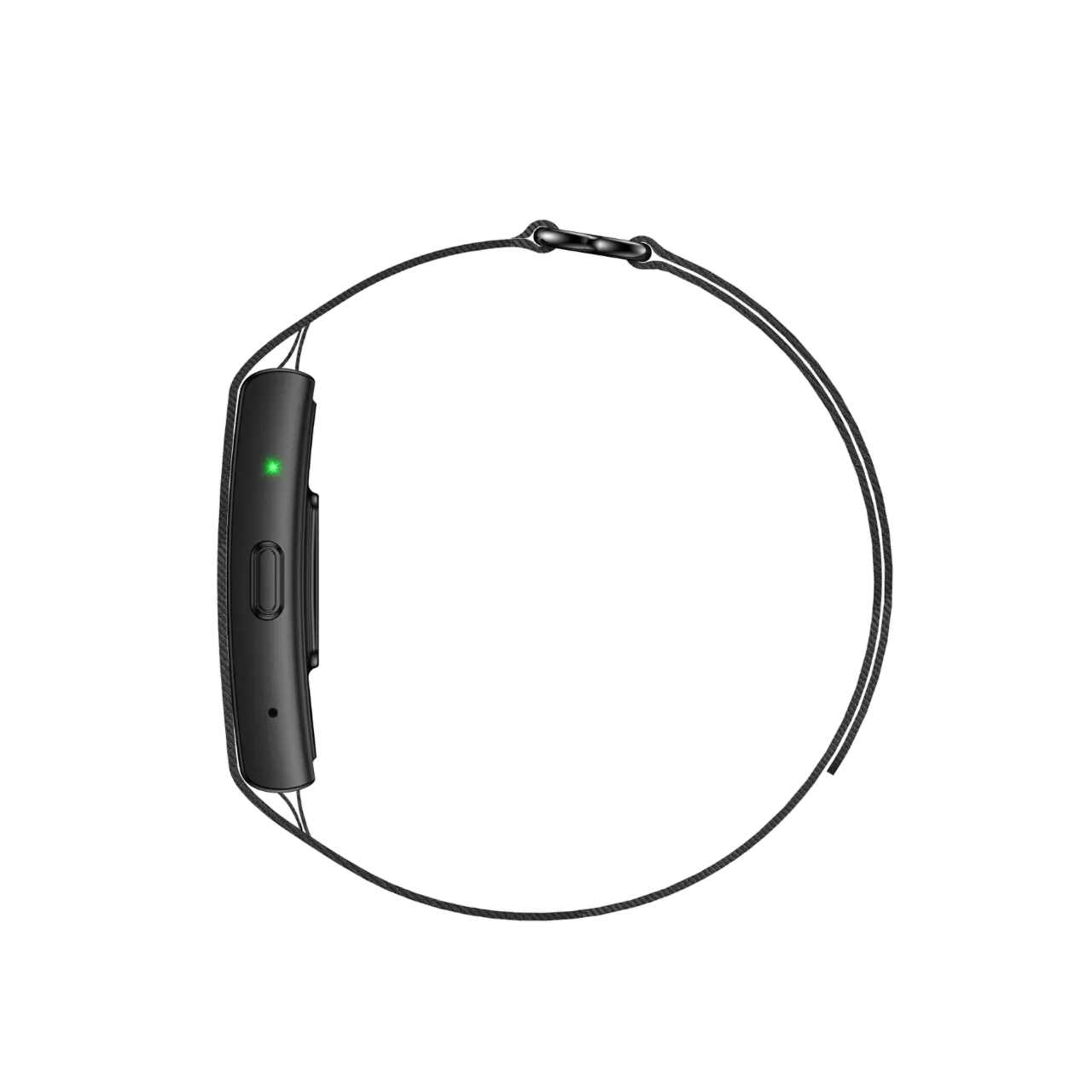 Side profile of the black BEFORE.Band supplier design with its button and green status light